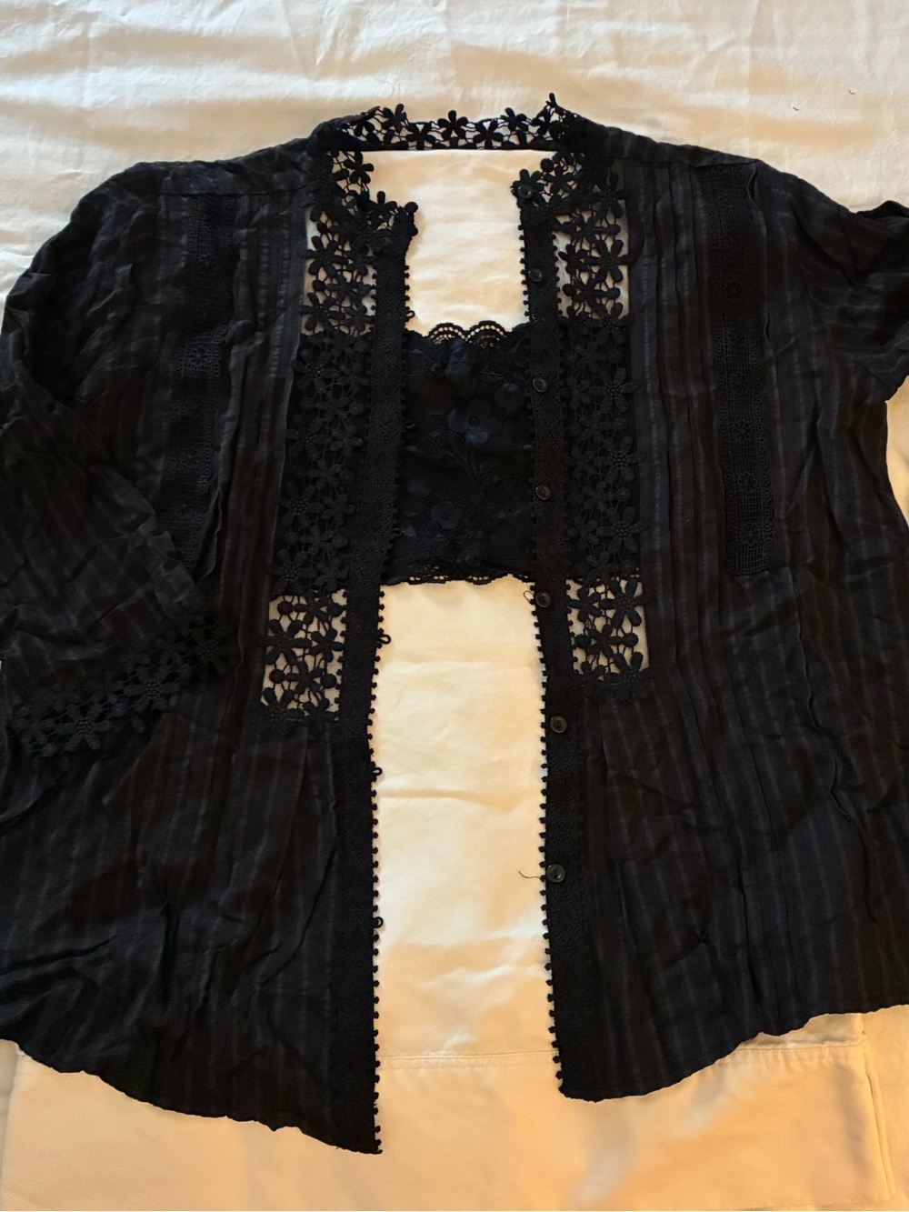 Black Lace-Trimmed Women's Cover-Up Blouse and Lace Bandeau Top. L